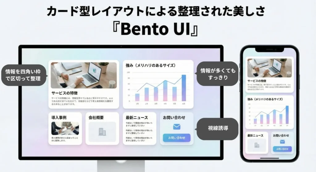 カード型レイアウトによる整理された美しさ「Bento UI」