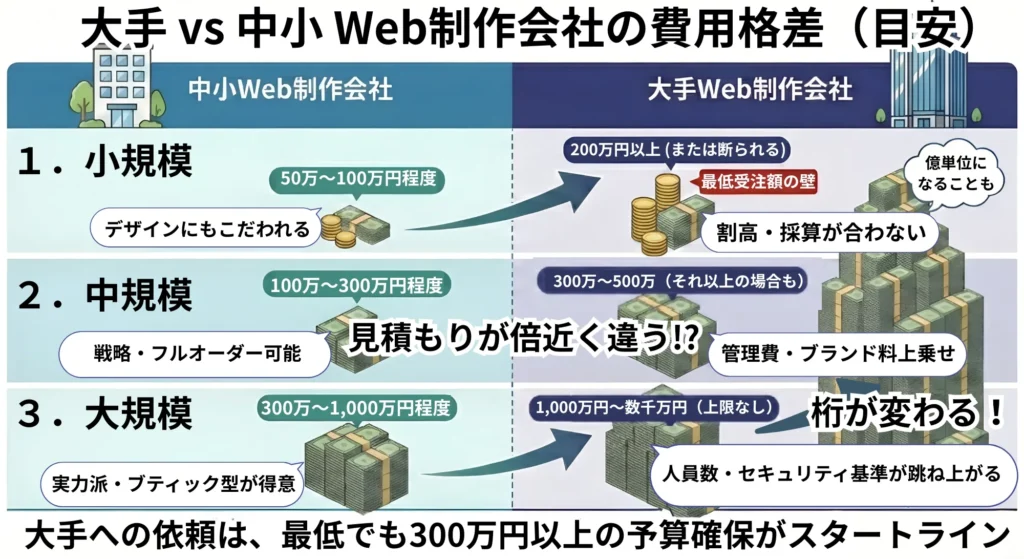 大手と中小のWeb制作会社の費用格差
