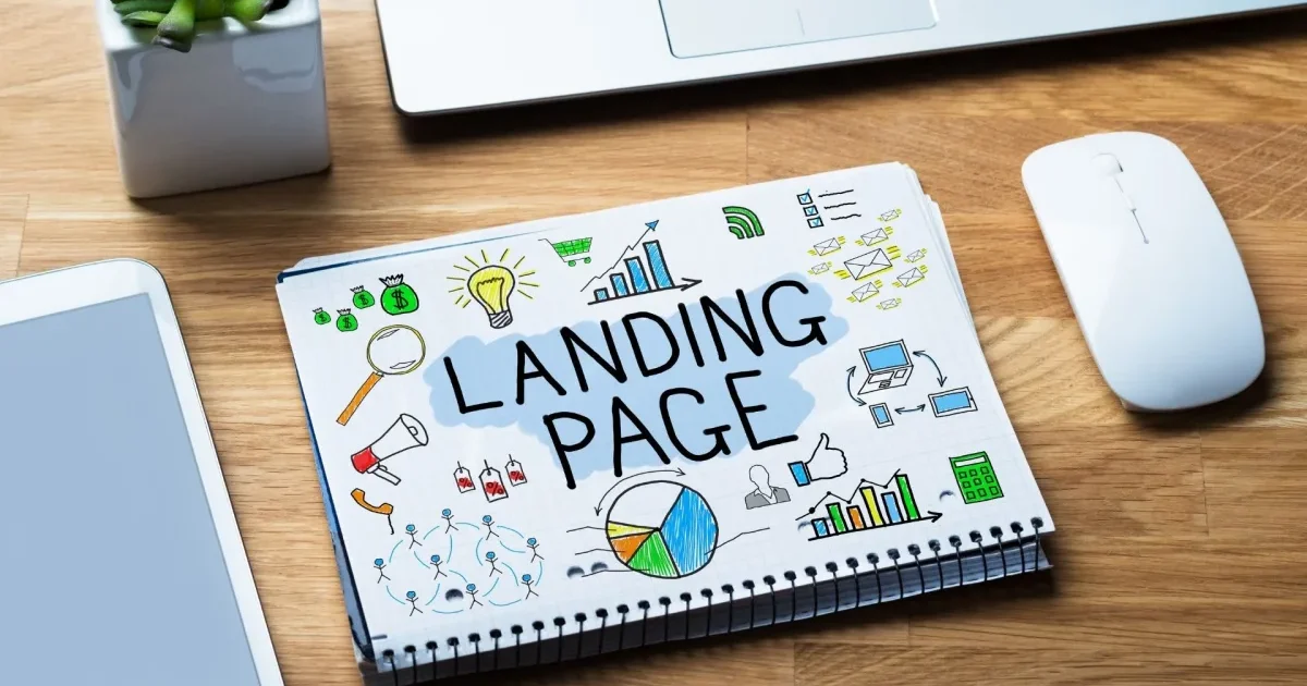 LANDING PAGEと書かれたノートとマーケティングのイラスト