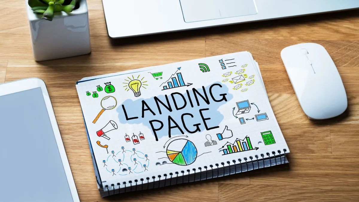 LANDING PAGEと書かれたノートとマーケティングのイラスト
